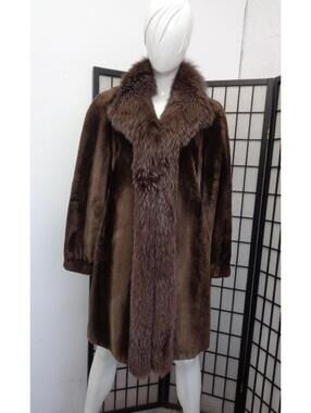EXCELLENT BROWN SHEARED BEAVER & FOX FUR COAT JACKET WOMEN WOMAN SIZE 10 MEDIUM